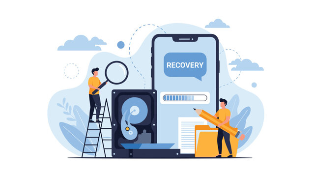 Team of tech specialists working on a data recovery process for a broken hard drive and a mobile smartphone.