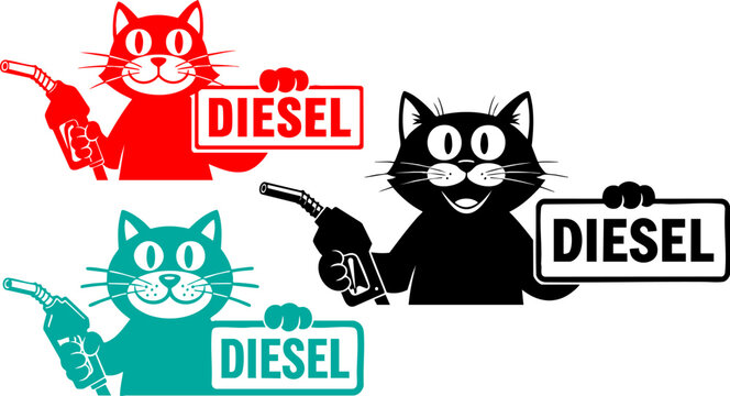 Funny cat diesel fuel stickers, cartoon feline holding gas pump nozzle and diesel sign, colorful automotive fuel tank decals set