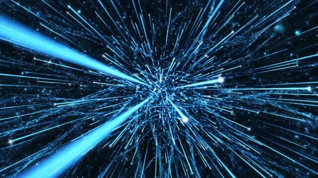 Dynamic motion of glowing particles exploding in abstract blue light bursts 4k video