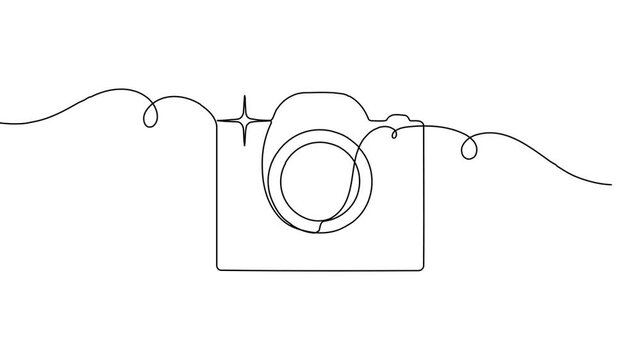 Camera with sparkles sign icon continuous one line art drawing on white background minimalist photo enhancement line symbol 4k animation video