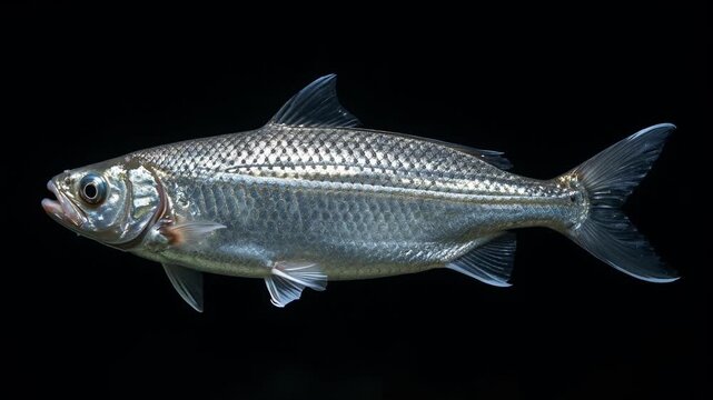 Silver Fish Swimming in Dark Water Against Black Background for Nature Documentary Use