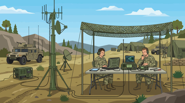 Military Base Scene with Soldiers and Equipment.