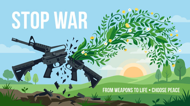 Peaceful Protest Against War with Green Tree and Gun.