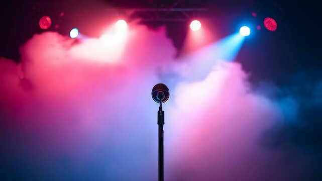 Microphone on a stand rises through dense pink and blue stage fog beneath bright overhead spotlights