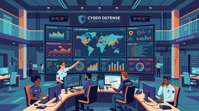 Cyber Defense Command Center with Multiple Monitors.
