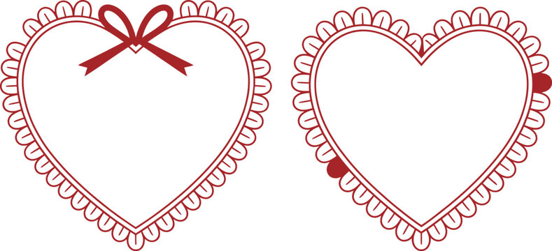 Set of two red heart frames with decorative ruffles and a bow, isolated on transparent background vector illustration.