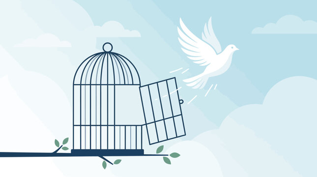 Open Birdcage with Flying Dove in Sky.
