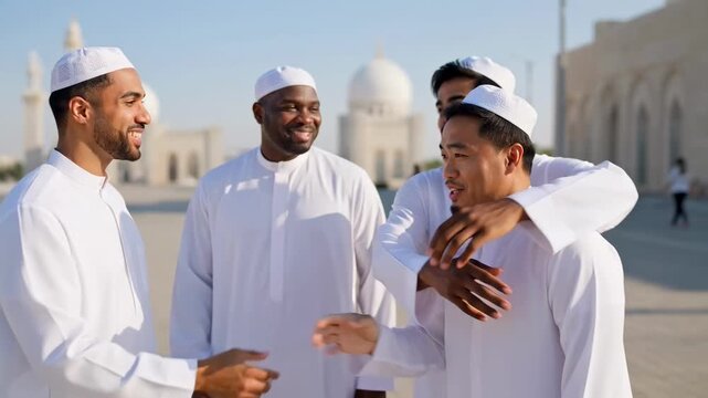 Four men in traditional Islamic white thobes and kufi caps shake hands and smile outdoors with mosque minarets visible in the background, representing friendship and religious community.