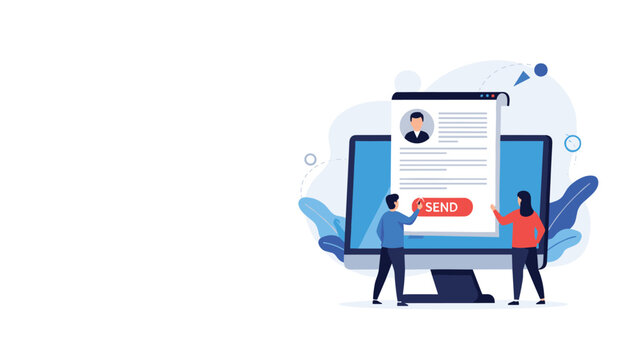 Job seekers sending a professional resume through an online recruitment platform using a large computer monitor.