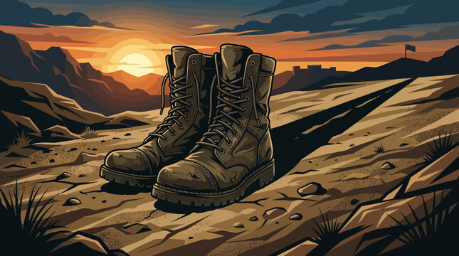 Military Boots Resting on Rocky Terrain at Sunset.