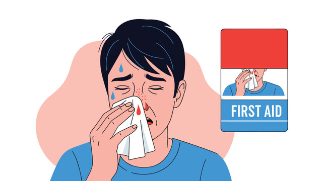 Man experiencing a nosebleed and using a tissue while a first aid instruction card is shown in the background.
