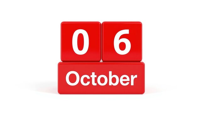 October 6 date, calendar blocks, red wooden cubes, white background