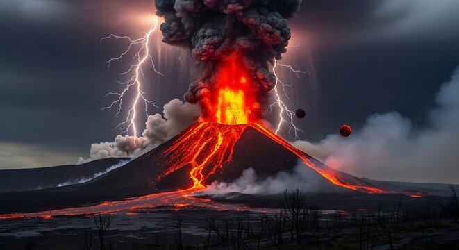 Fiery volcanic eruption spews incandescent lava under a stormy sky with lightning strikes