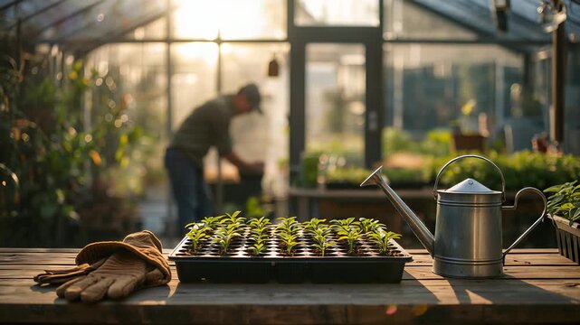 Seedling trays and a metal watering can rest on a worktable while a person tends plants inside a greenhouse
