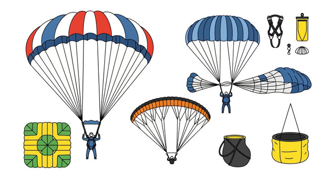 Skydiver with a large red and blue parachute prepares for a jump with.