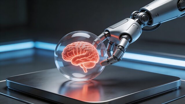 Robot hand holding brain in glass sphere