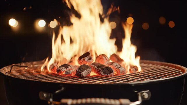 Closeup of steaks grilling over a roaring campfire at night.