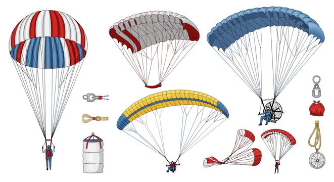 Colorful parachutes and accessories are displayed for airborne.