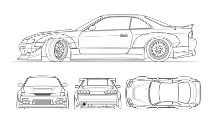 Detailed sketch of a sports car blueprint with multiple views. © Asuu