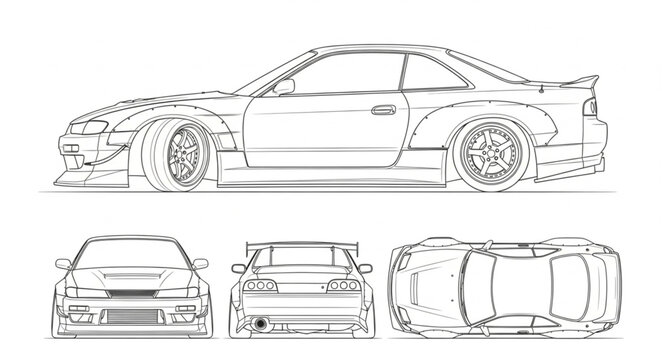 Detailed sketch of a sports car blueprint with multiple views.