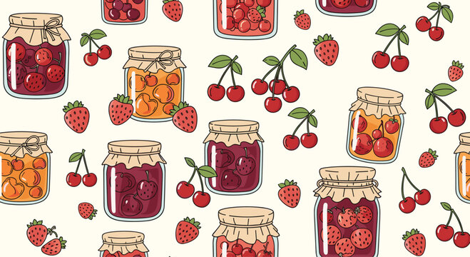 Colorful seamless pattern featuring various fruit jam jars with tied lids and fresh berries like strawberries, cherries, and apricots.