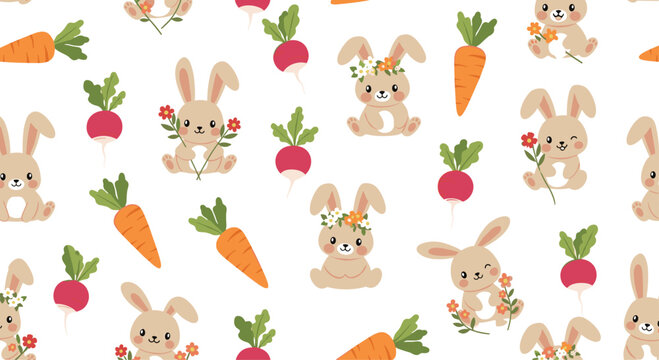 Cheerful Easter seamless pattern with cute rabbits, orange carrots, and red radishes on a clean white background.