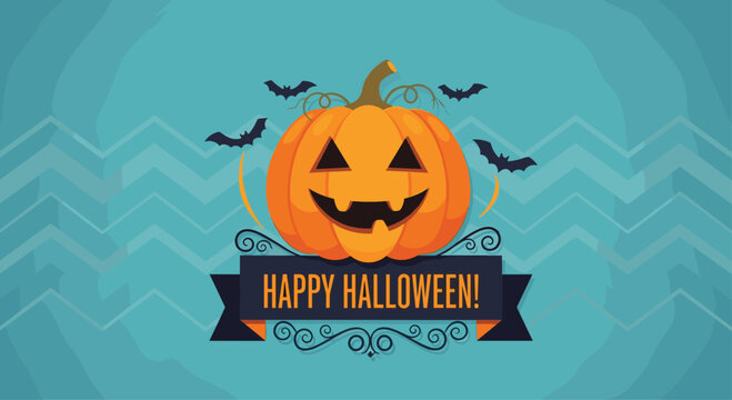 Spooky Halloween greeting card with a smiling orange jack-o-lantern and black bats on a blue background with a zigzag pattern.