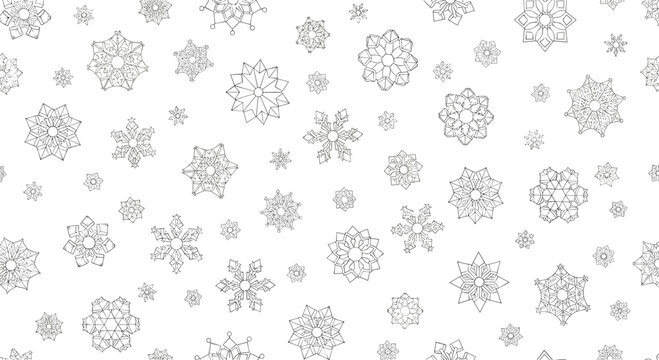 Intricate winter seamless pattern showcasing many unique black and white snowflake designs of various shapes and sizes on white.