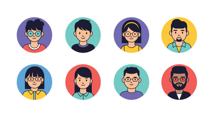 Fototapeta premium Eight diverse character avatars including men and women with various hairstyles and glasses in colorful circular frames.