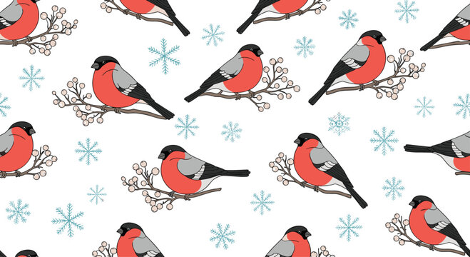 Seamless winter pattern with bullfinch birds perched on berry branches and blue snowflakes on a white background.