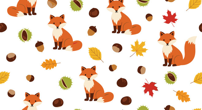 Seamless autumn pattern with red foxes sitting amongst various falling leaves, acorns, and chestnuts on a white background.