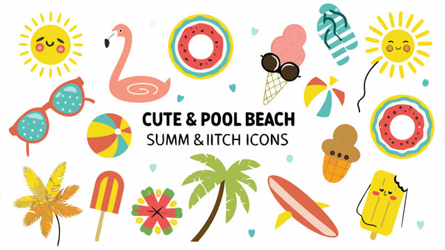 Colorful summer pool and beach icons vector set with sunglasses inflatables and palm trees for fun and relaxation