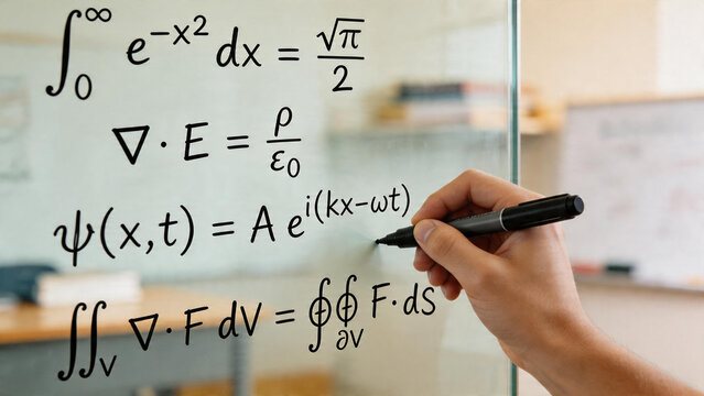 Close-up of a hand writing complex mathematical and physics equations on a transparent glass board in an academic setting, featuring calculus, quantum mechanics, and electromagnetism formulas.