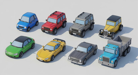 Fototapeta premium Collection of toy cars in various colors and styles.