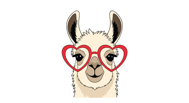 Close-up illustration of a friendly llama face wearing stylish red heart-shaped glasses against a clean white background.
