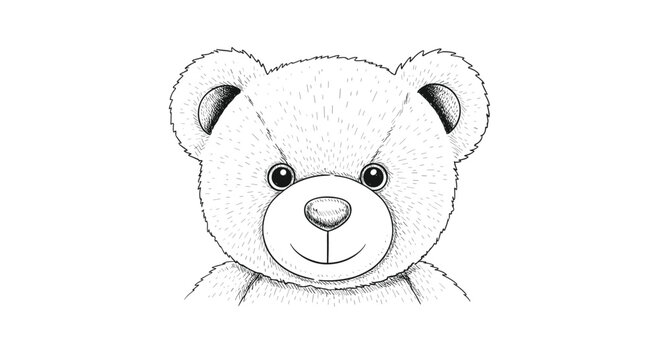 Detailed black and white stippled drawing of a teddy bear head with a friendly expression on a clean white background.