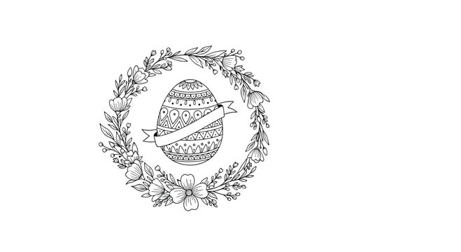 Detailed black and white line art of a patterned easter egg surrounded by a beautiful circular floral wreath for coloring or crafts.