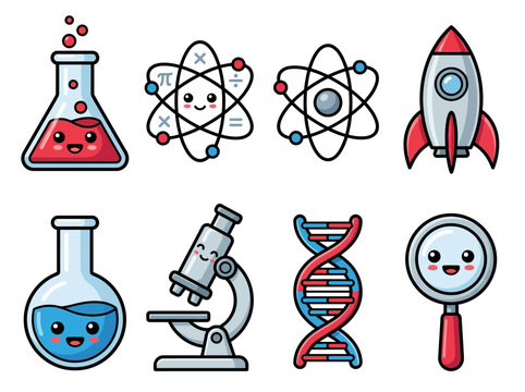 Cute Kawaii Science Icon Set featuring Microscope, Rocket, DNA, and Lab Flasks with Smiley Faces for Kids STEM Education and Laboratory Projects