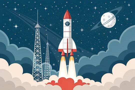 A powerful red and white rocket ship, emblazoned with a unique shopping basket logo, launches with fiery propulsion from a ground-level launchpad, majestically ascending through billowy white and blue