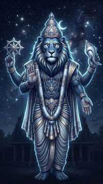 Mystical blue standing bishnu avatar glowing against dark starry night sky background over temple silhouette for spiritual happy narsimha jayanti hindu festival puja holiday celebration