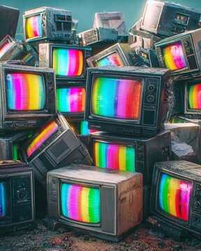 Vintage Television Pileup: A collection of retro televisions with vibrant test patterns, stacked haphazardly. A commentary on the past of media