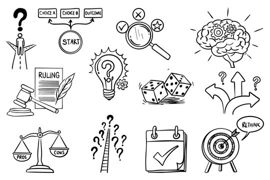 Decision Making Doodle Set Hand Drawn Icons Strategy Planning Problem Solving Concept