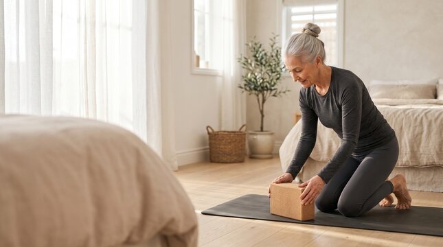 Active senior woman with grey hair kneeling on a yoga mat and placing a cork yoga block in a bright, modern bedroom for her morning exercise routine