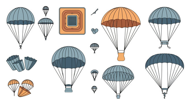 Multiple parachute designs and some smaller objects are depicted.