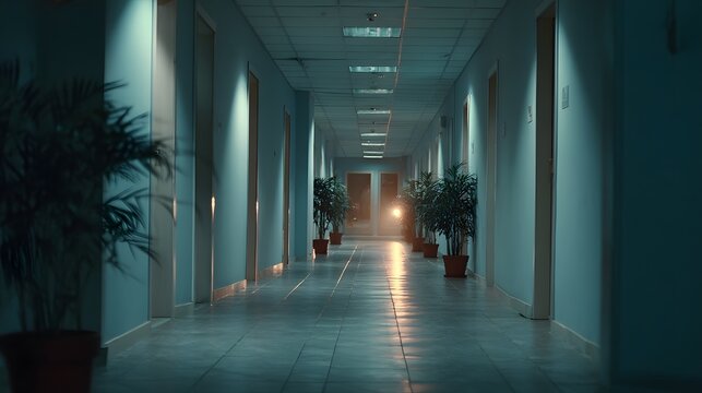 Long dimly lit corridor with potted plants and shiny floor