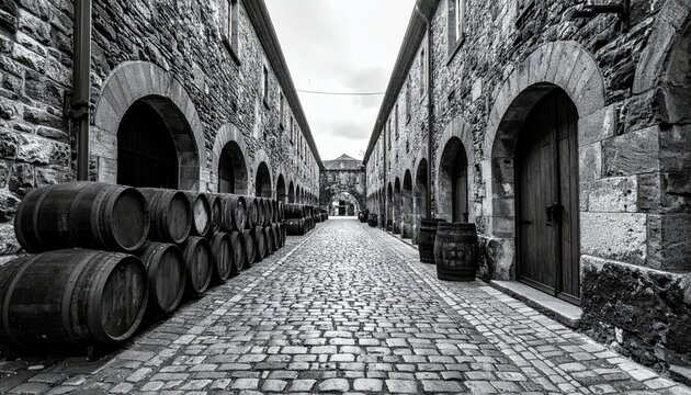 A narrow stone alley winds through the historic medieval architecture of the old town of Tallinn, Estonia, featuring ancient buildings with dark wooden doors and classic European windows