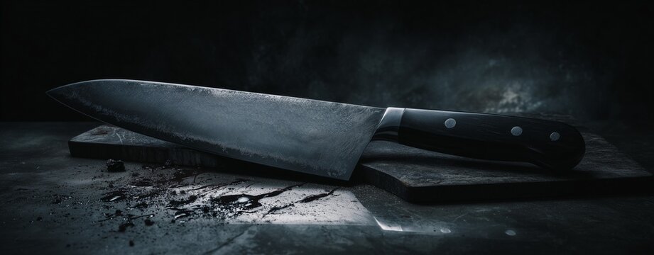 Precision and Craft: A close-up shot of a well-worn chef's knife resting on a weathered cutting board, a testament to culinary skill and the art of food preparation. 