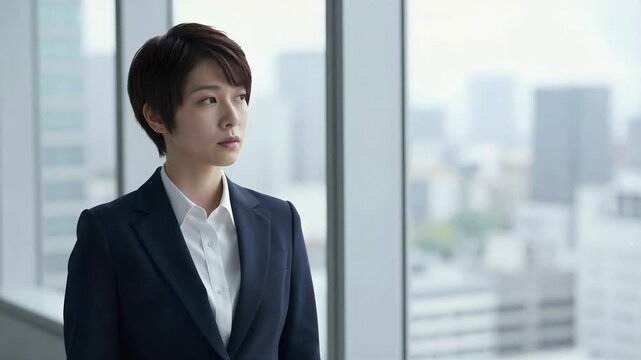 Businesswoman Ready to Take Action in Office Workspace, 4K, seamless loop, copy space on the right