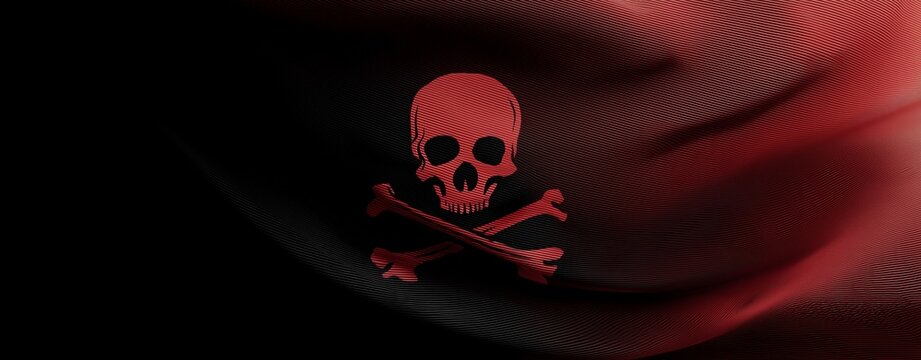 Sinister Skull and Crossbones: A crimson skull and crossbones flag flutters in the ominous shadows, its deadly symbol a stark warning of danger and defiance.