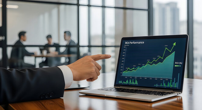 Businessman's hand points to a laptop screen displaying a significant ROI performance graph indicating successful financial growth and strategic planning.